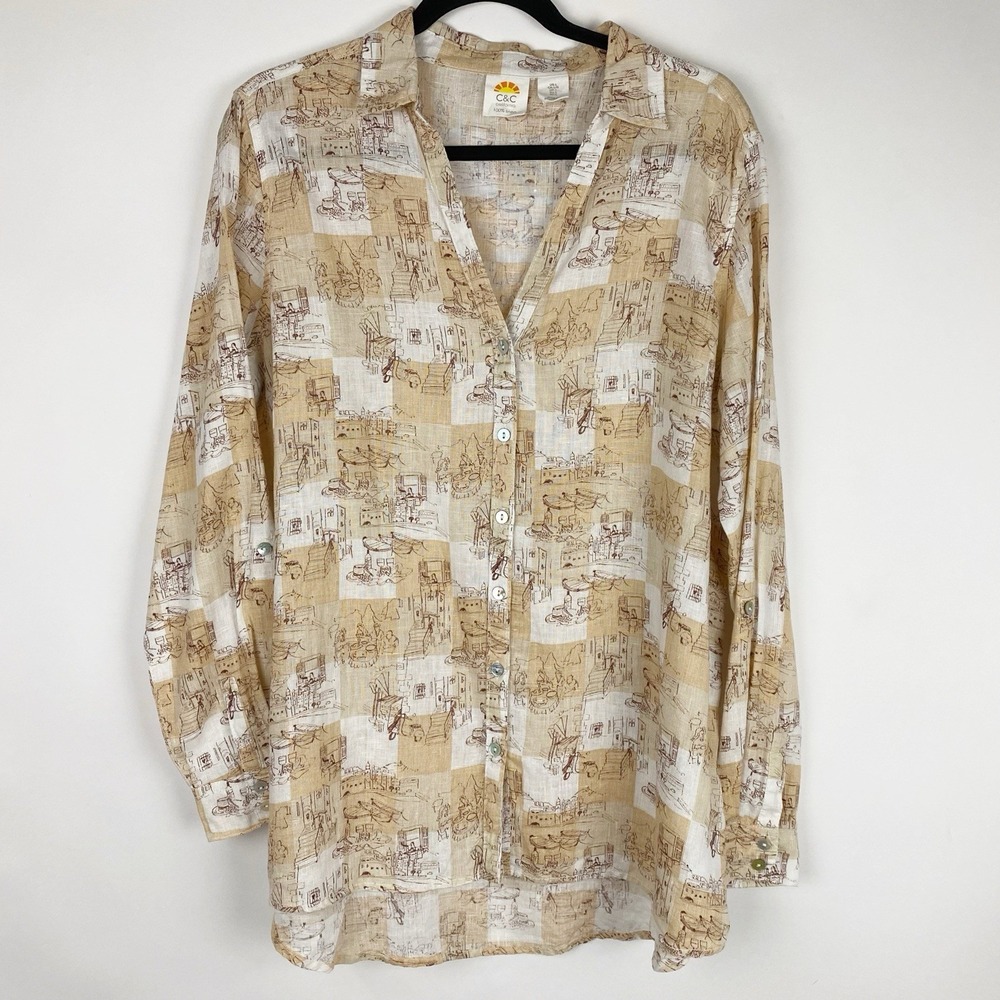 C&C California Linen Toile Paris Scenes Roll Tab Button Down Shirt Womens‎ L Tan